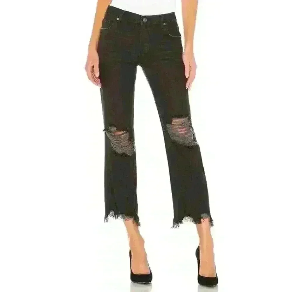 FREE‎ PEOPLE Maggie Mid Rise Straight -Leg Jeans In Washed Black SIZE 27